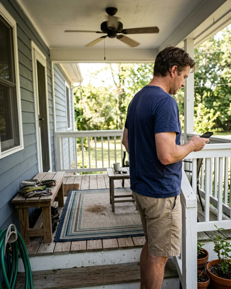 Homeowner on a shaded porch of a raised Eastern Shore cottage making a call on a hot day