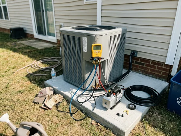 Micron gauge and vacuum pump connected to a newly installed unit
