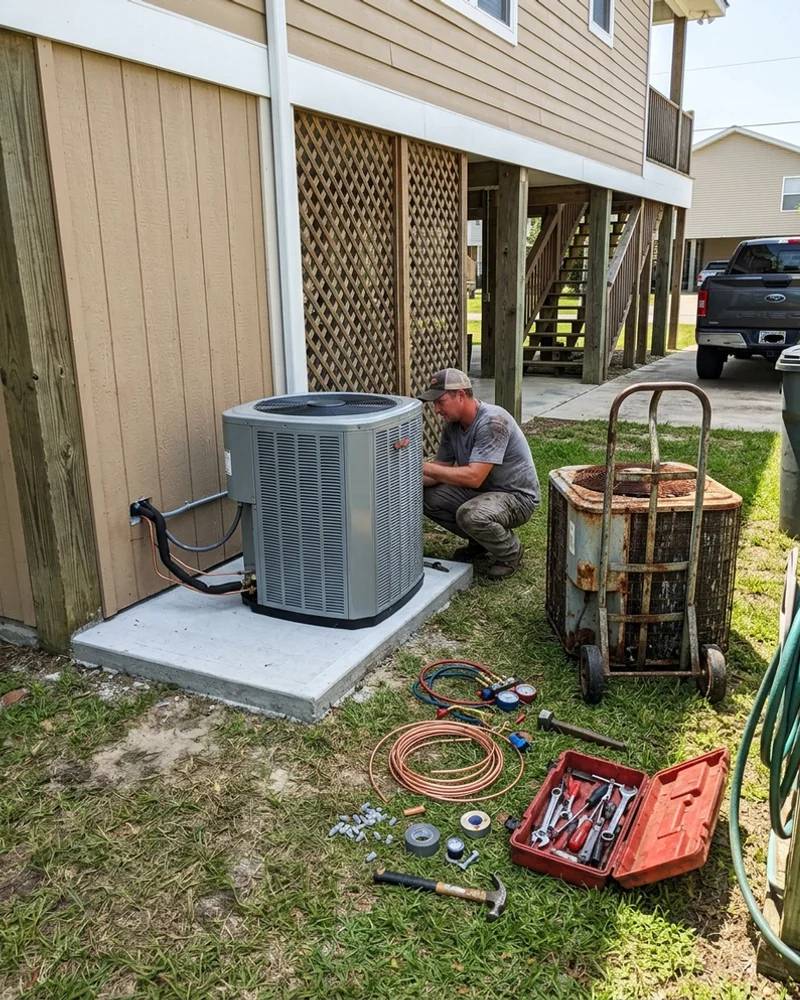 New outdoor AC condenser on a fresh pad beside a coastal home, old unit on a dolly nearby