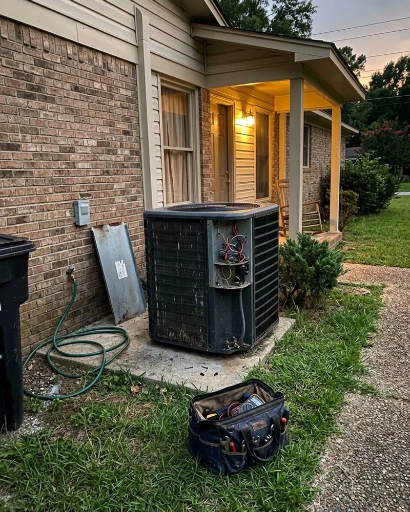 Outdoor AC condenser with its side panel open beside a Daphne home on a hot summer evening