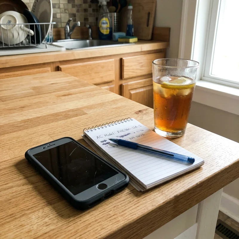 Phone on a kitchen counter next to a notepad with the AC model number written down