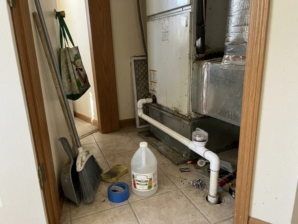Condensate drain line cleanout beside an indoor air handler