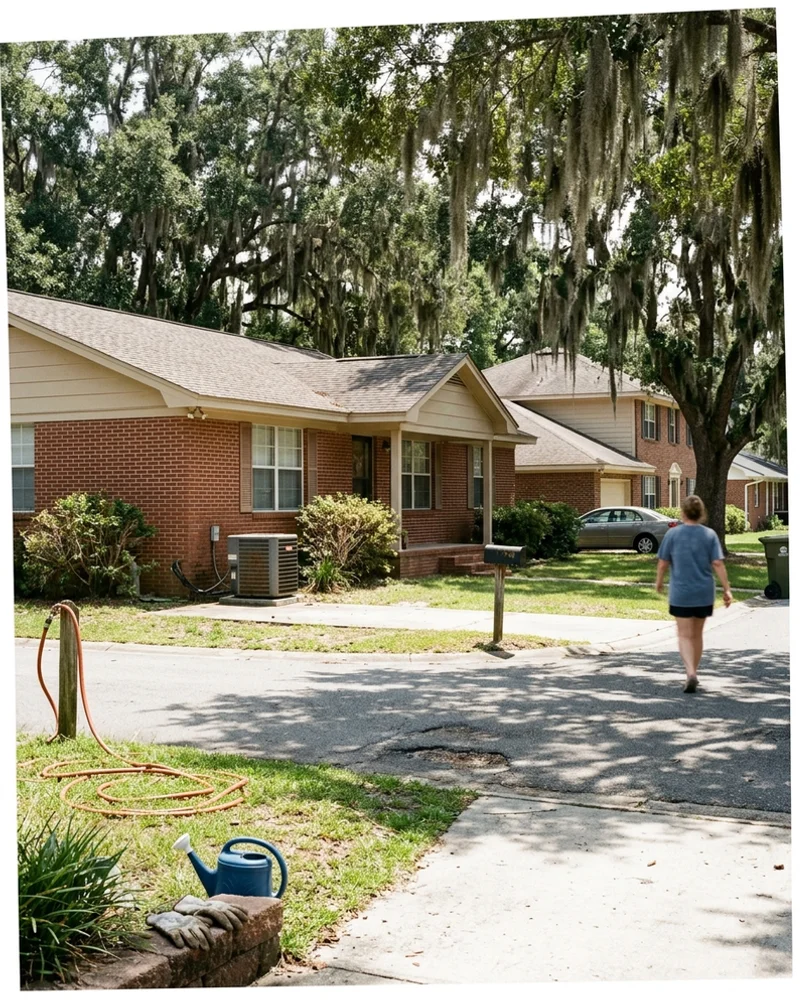 Daphne neighborhood street on a hot summer afternoon with outdoor AC units running