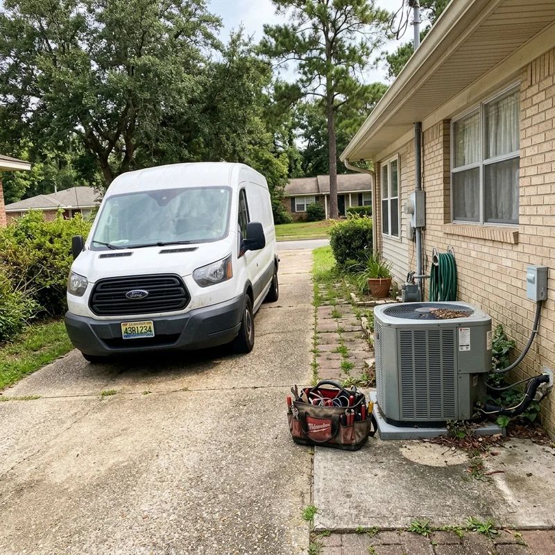 Service van in a Daphne driveway with a tool bag beside the outdoor AC unit