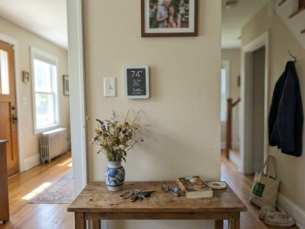 Smart thermostat showing indoor humidity on a summer afternoon