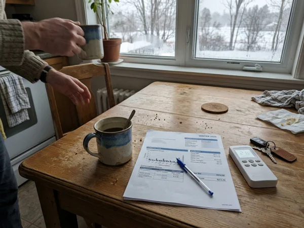 Winter electric bill on a kitchen table next to a mug of coffee